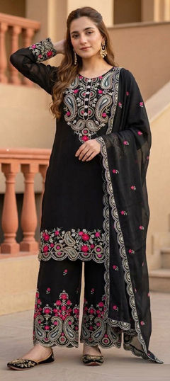 Black and Grey color Salwar Kameez in Mul Chanderi fabric with Embroidered, Sequence work