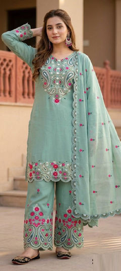 Blue color Salwar Kameez in Mul Chanderi fabric with Embroidered, Sequence work