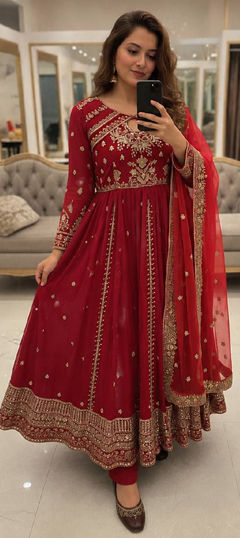 Red and Maroon color Salwar Kameez in Faux Georgette fabric with Embroidered, Sequence work