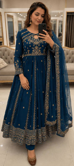 Blue color Salwar Kameez in Faux Georgette fabric with Embroidered, Sequence work