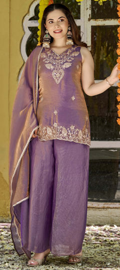 Purple and Violet color Salwar Kameez in Satin fabric with Bugle Beads, Embroidered work
