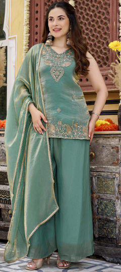 Green color Salwar Kameez in Satin fabric with Bugle Beads, Embroidered work