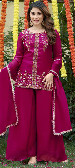 Pink and Majenta color Salwar Kameez in Satin fabric with Bugle Beads, Embroidered work