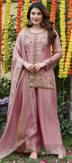 Pink and Majenta color Salwar Kameez in Satin fabric with Bugle Beads, Embroidered work