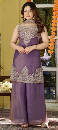 Purple and Violet color Salwar Kameez in Satin fabric with Bugle Beads, Embroidered work