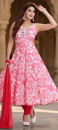 Pink and Majenta, White and Off White color Salwar Kameez in Georgette fabric with Floral, Lace, Mirror, Printed work