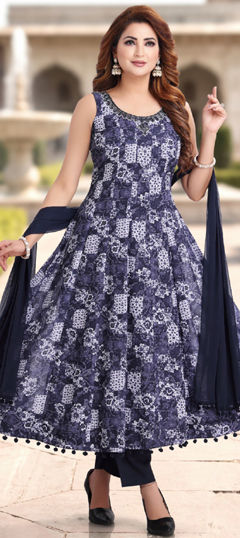 Blue color Salwar Kameez in Georgette fabric with Lace, Printed work