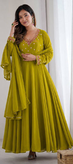 Green color Salwar Kameez in Faux Georgette fabric with Thread work