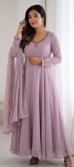 Purple and Violet color Salwar Kameez in Faux Georgette fabric with Thread work