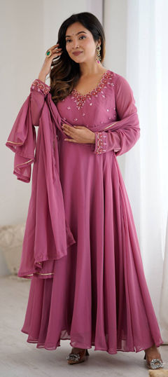 Pink and Majenta color Salwar Kameez in Faux Georgette fabric with Thread work
