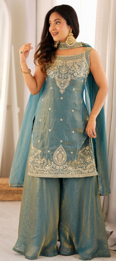 Blue color Salwar Kameez in Tissue fabric with Embroidered, Sequence, Zari work