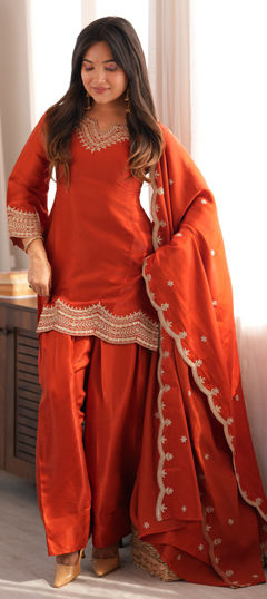 Orange color Salwar Kameez in Roman Silk fabric with Embroidered, Sequence, Zari work