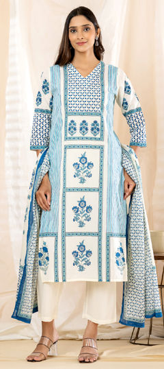 Blue, White and Off White color Salwar Kameez in Cotton fabric with Bugle Beads, Printed work