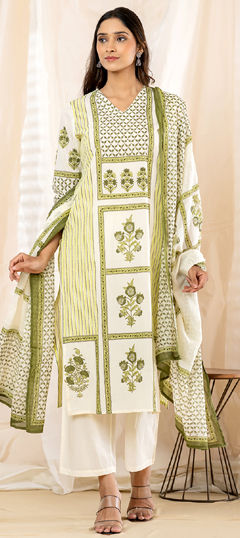 Green, White and Off White color Salwar Kameez in Cotton fabric with Bugle Beads, Printed work