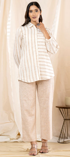 Beige and Brown, White and Off White color Co-ords Set in Cotton fabric with Printed work