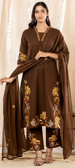 Beige and Brown color Salwar Kameez in Cotton fabric with Embroidered work