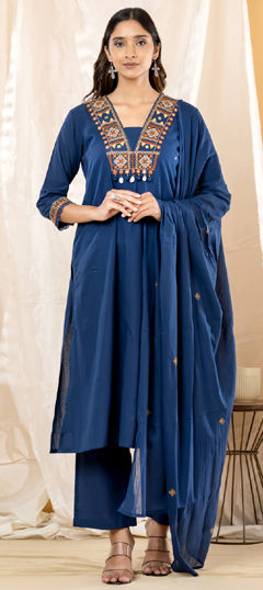 Blue color Salwar Kameez in Cotton fabric with Embroidered, Mirror work