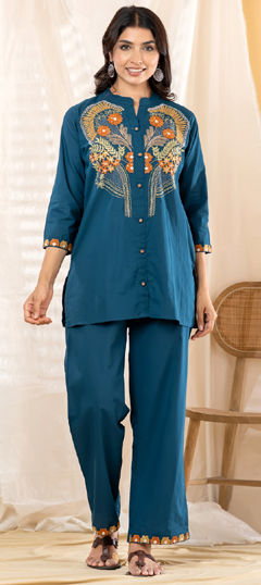 Blue color Co-ords Set in Cotton fabric with Embroidered, Sequence work