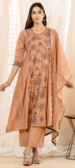 Beige and Brown color Salwar Kameez in Mul Chanderi fabric with Embroidered, Sequence work