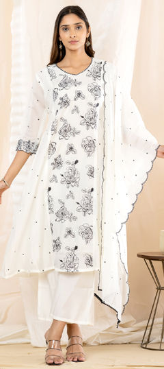 White and Off White color Salwar Kameez in Mul Chanderi fabric with Embroidered, Sequence work