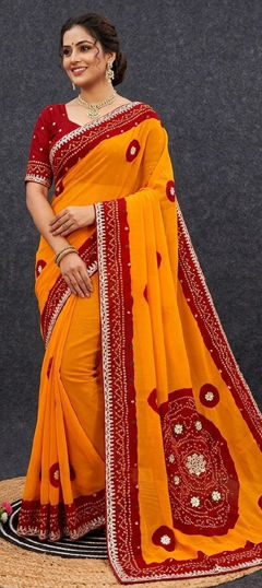 Yellow color Saree in Georgette fabric with Bandhej, Gota Patti, Printed work