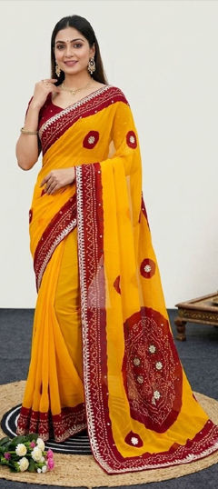 Yellow color Saree in Georgette fabric with Bandhej, Gota Patti, Printed work