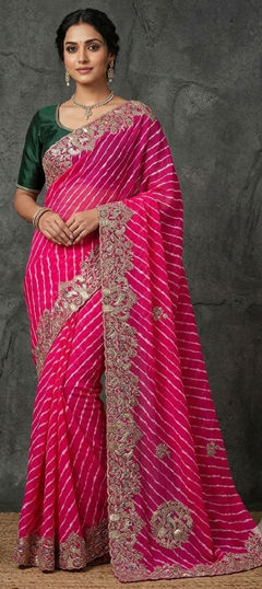Pink and Majenta color Saree in Georgette fabric with Lehariya, Printed, Sequence work