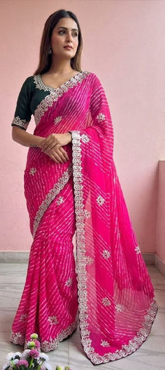 Pink and Majenta color Saree in Georgette fabric with Lehariya, Printed, Sequence work