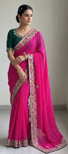Pink and Majenta color Saree in Georgette fabric with Lehariya, Printed, Sequence work