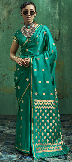 Green color Saree in Satin Silk fabric with Zari work