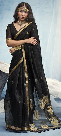 Black and Grey color Saree in Blended, Silk fabric with Weaving, Zari work