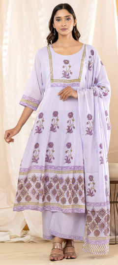 Purple and Violet color Salwar Kameez in Mul Cotton fabric with Cut Dana, Floral, Printed, Sequence work