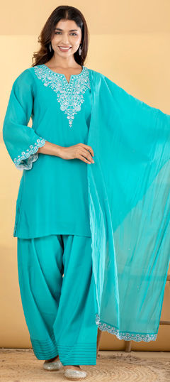 Blue color Salwar Kameez in Mul Chanderi fabric with Lace, Mirror work