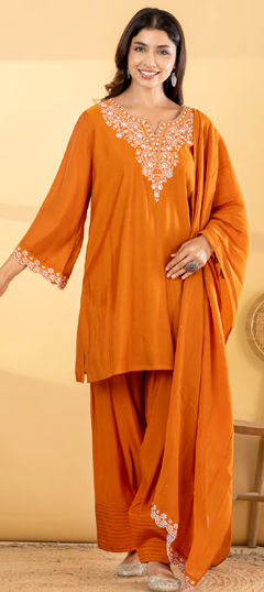 Beige and Brown color Salwar Kameez in Mul Chanderi fabric with Lace, Mirror work
