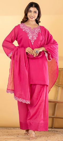 Pink and Majenta color Salwar Kameez in Mul Chanderi fabric with Lace, Mirror work
