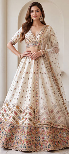 White and Off White color Lehenga in Silk fabric with Embroidered, Gota Patti, Sequence, Thread, Zari work