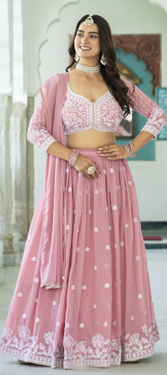 Pink and Majenta color Lehenga in Faux Georgette fabric with Embroidered, Lace, Moti, Sequence, Thread work