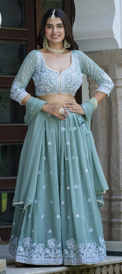 Blue color Lehenga in Faux Georgette fabric with Embroidered, Lace, Moti, Sequence, Thread work