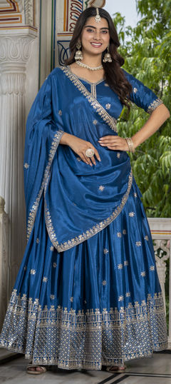 Blue color Lehenga in Chinon Silk fabric with Embroidered, Sequence work
