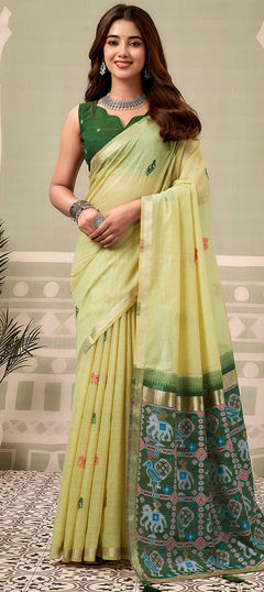 Yellow color Saree in Linen fabric with Printed work