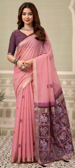 Pink and Majenta color Saree in Linen fabric with Printed work