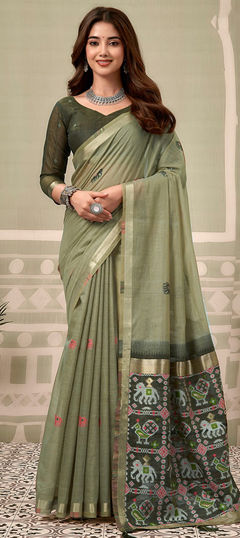 Green color Saree in Linen fabric with Printed work