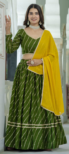 Green color Lehenga in Silk fabric with Embroidered, Lace, Sequence, Thread work