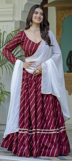 Red and Maroon color Lehenga in Silk fabric with Embroidered, Lace, Sequence, Thread work