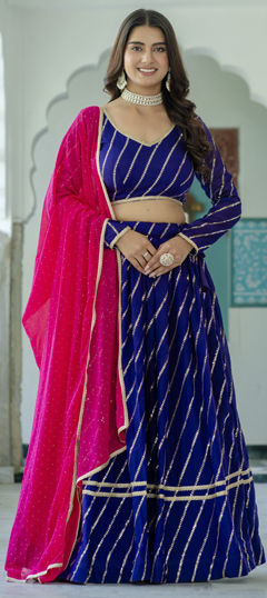 Blue color Lehenga in Silk fabric with Embroidered, Lace, Sequence work