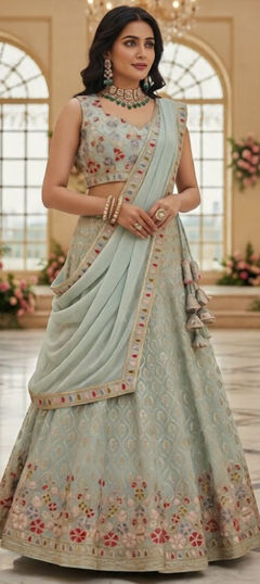 Green color Lehenga in Faux Georgette fabric with Embroidered, Sequence work
