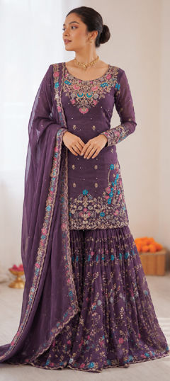 Purple and Violet color Salwar Kameez in Art Silk fabric with Moti, Sequence, Thread work