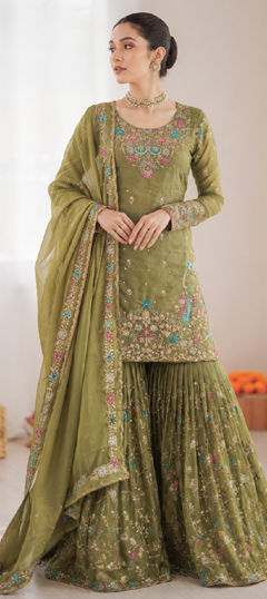 Green color Salwar Kameez in Art Silk fabric with Moti, Sequence, Thread work