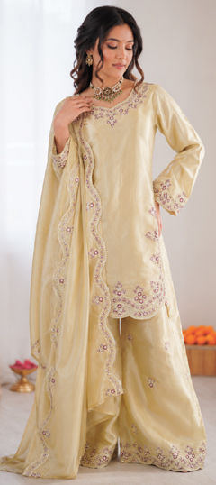 White and Off White color Salwar Kameez in Art Silk fabric with Sequence, Thread work