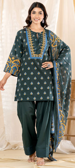 Green color Salwar Kameez in Cotton fabric with Mirror, Printed work